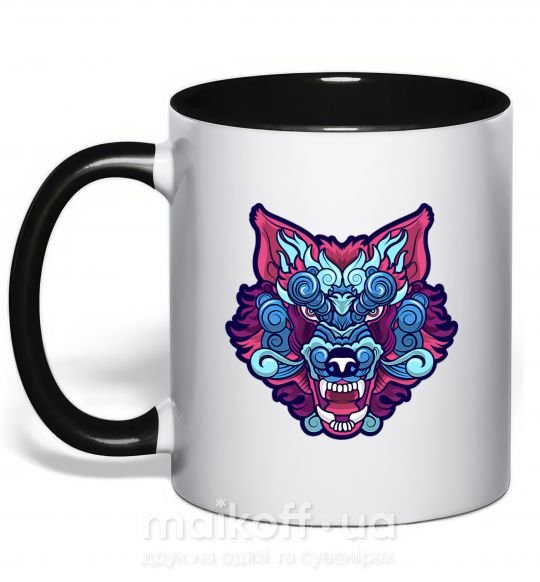 Чашка с цветной ручкой Разноцветный волк Черный фото