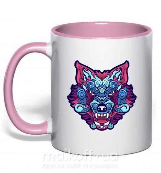 Чашка с цветной ручкой Разноцветный волк Нежно розовый фото