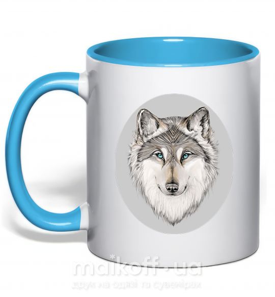 Чашка с цветной ручкой Волк в овале Голубой фото