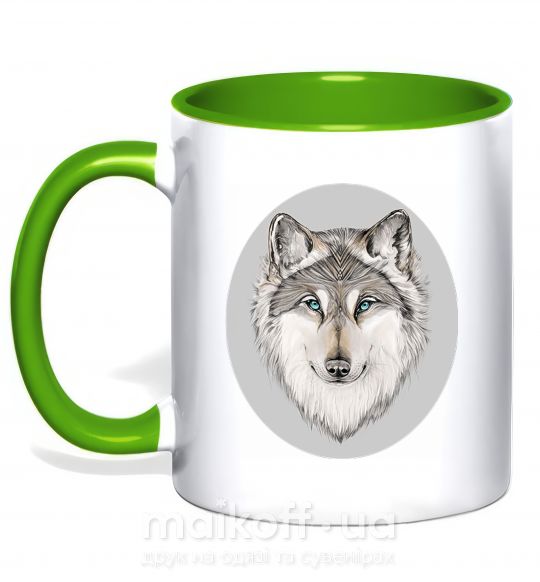 Чашка с цветной ручкой Волк в овале Зеленый фото