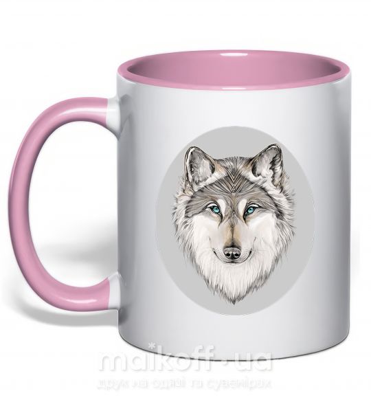 Чашка с цветной ручкой Волк в овале Нежно розовый фото