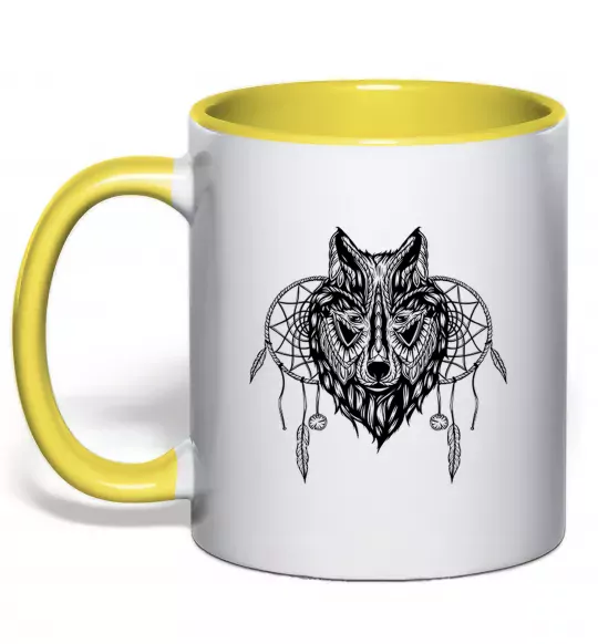 Чашка с цветной ручкой Індіанський вовк Солнечно желтый фото