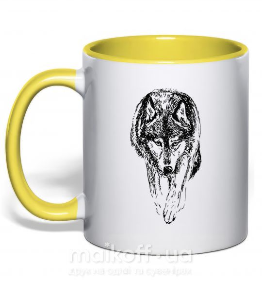 Чашка з кольоровою ручкою Идущий волк Сонячно жовтий фото
