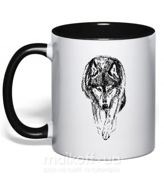 Чашка з кольоровою ручкою Идущий волк Чорний фото