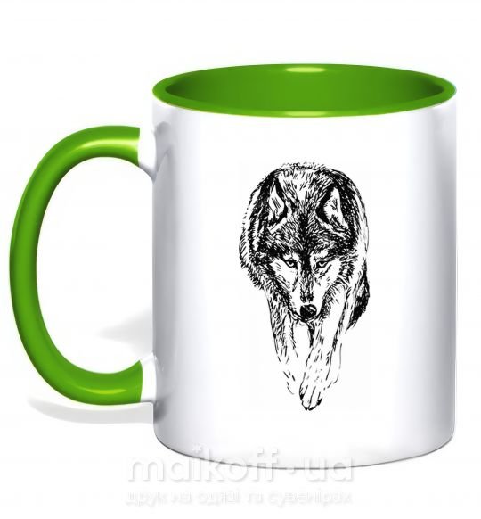 Чашка з кольоровою ручкою Идущий волк Зелений фото