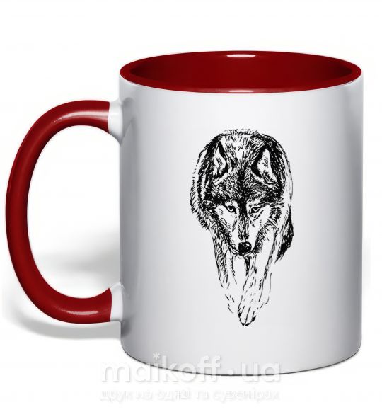 Чашка с цветной ручкой Идущий волк Красный фото