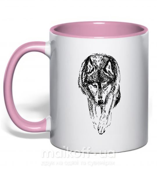 Чашка з кольоровою ручкою Идущий волк Ніжно рожевий фото
