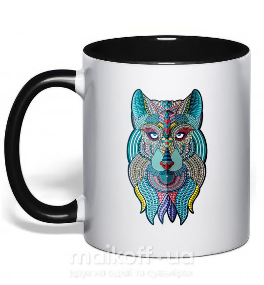 Чашка с цветной ручкой Бирюзовый волк Черный фото