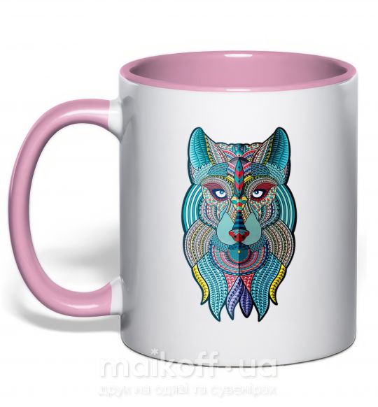 Чашка с цветной ручкой Бирюзовый волк Нежно розовый фото