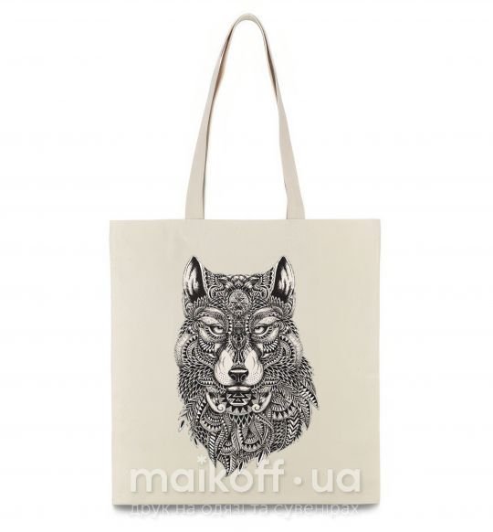 Эко-сумка Черно-белый волк Бежевый фото