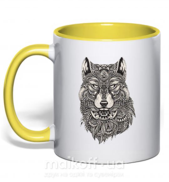Чашка з кольоровою ручкою Черно-белый волк Сонячно жовтий фото