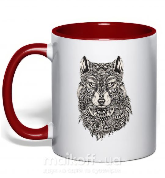 Чашка з кольоровою ручкою Черно-белый волк Червоний фото