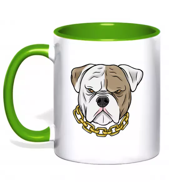 Чашка з кольоровою ручкою Бульдог з ланцюгом Зелений фото