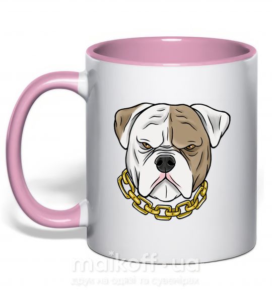 Чашка с цветной ручкой Бульдог с цепью Нежно розовый фото
