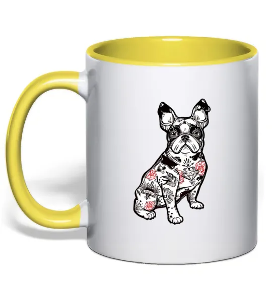 Чашка с цветной ручкой Бульдог в тату Лимонный фото
