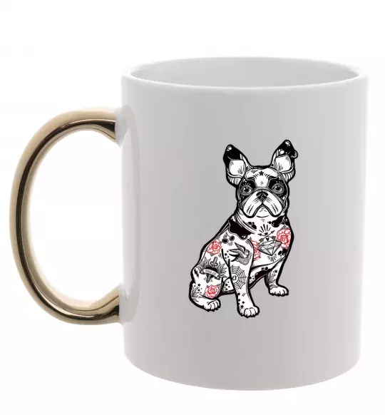Чашка з кольоровою ручкою Бульдог в тату Золото фото