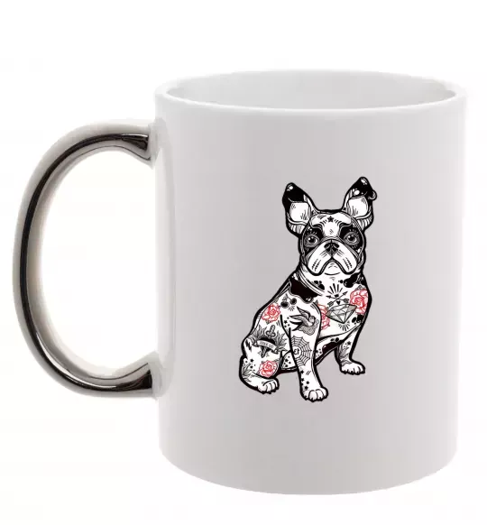Чашка з кольоровою ручкою Бульдог в тату Срібло фото
