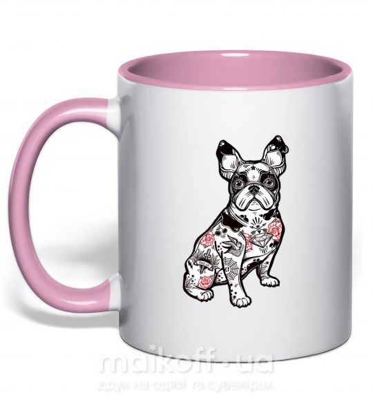Чашка с цветной ручкой Бульдог в тату Нежно розовый фото