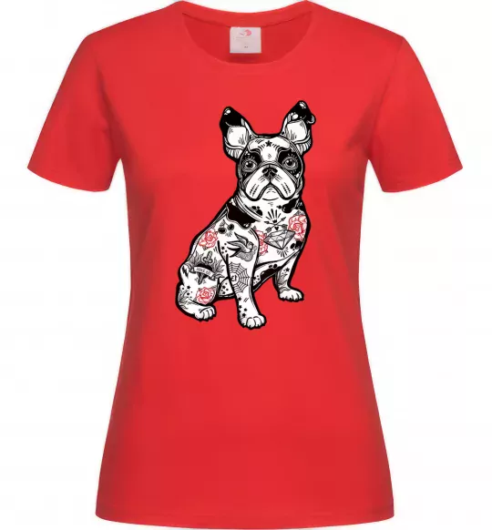 Женская футболка Бульдог в тату Красный фото