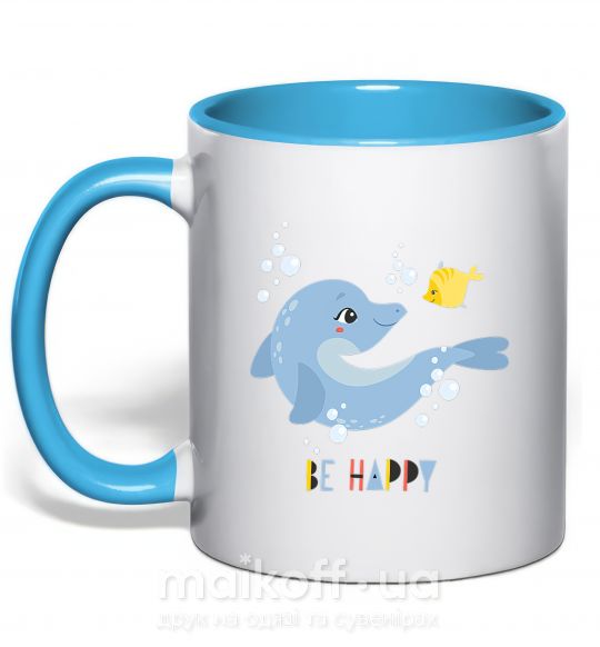 Чашка з кольоровою ручкою Happy dolphin and a fish Блакитний фото