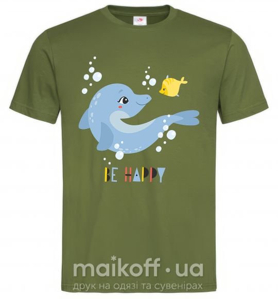 Мужская футболка Happy dolphin and a fish Оливковый фото