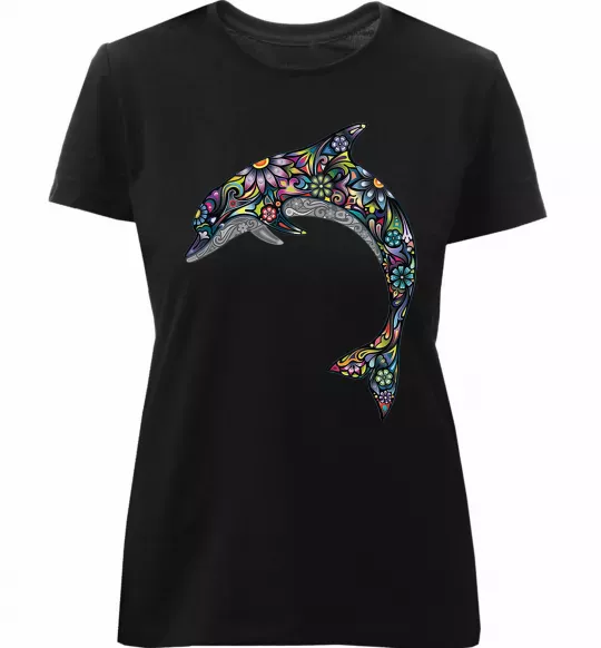 Жіноча преміум футболка Різнокольоровий дельфін Чорний фото