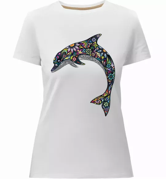 Жіноча преміум футболка Різнокольоровий дельфін Білий фото