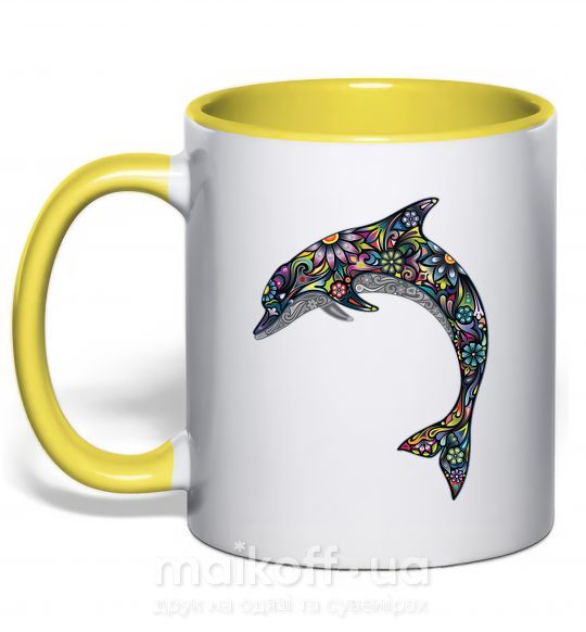 Чашка с цветной ручкой Разноцветный дельфин Солнечно желтый фото