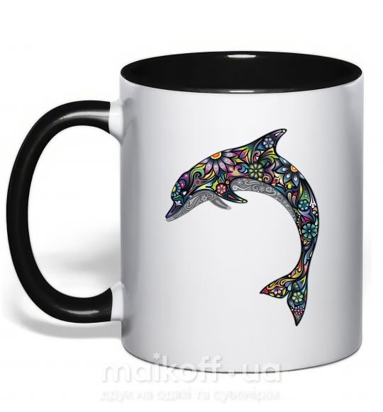 Чашка с цветной ручкой Разноцветный дельфин Черный фото
