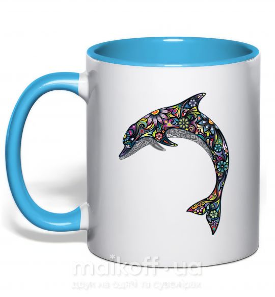 Чашка з кольоровою ручкою Разноцветный дельфин Блакитний фото