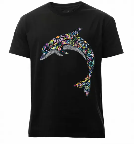 Мужская премиум футболка Різнокольоровий дельфін Черный фото