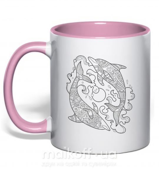 Чашка з кольоровою ручкою Дельфины в море Ніжно рожевий фото