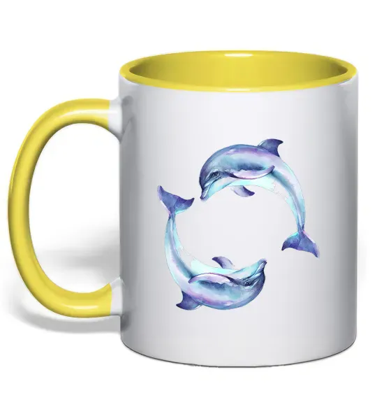 Чашка з кольоровою ручкою Watercolor dolphins Сонячно жовтий фото