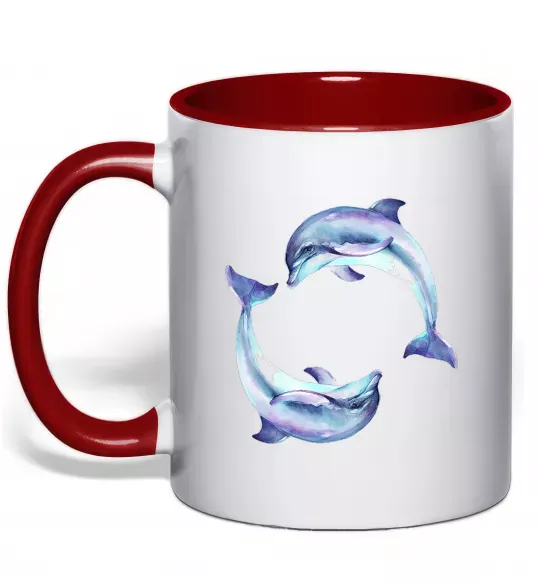Чашка з кольоровою ручкою Watercolor dolphins Червоний фото