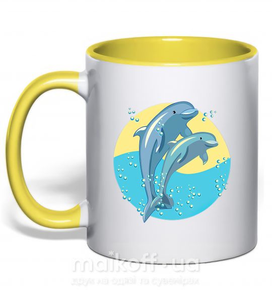 Чашка з кольоровою ручкою Blue dolphins Сонячно жовтий фото