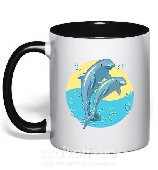 Чашка з кольоровою ручкою Blue dolphins Чорний фото