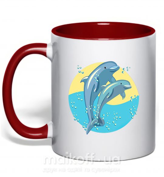 Чашка з кольоровою ручкою Blue dolphins Червоний фото
