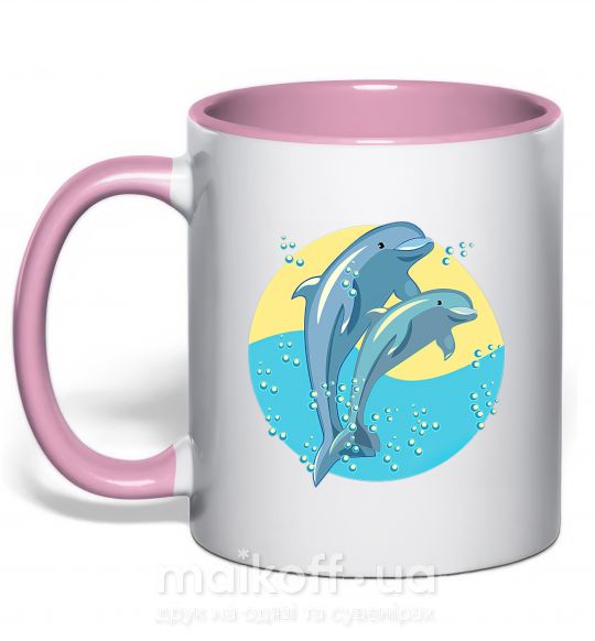Чашка з кольоровою ручкою Blue dolphins Ніжно рожевий фото