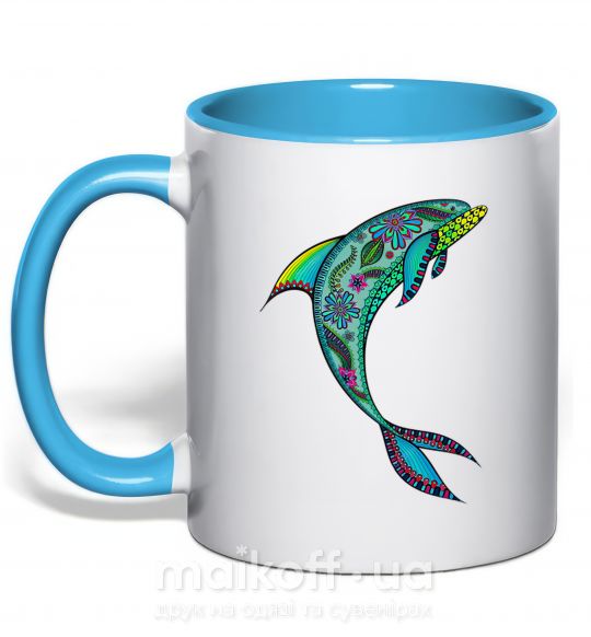 Чашка с цветной ручкой Дельфин иллюстрация Голубой фото