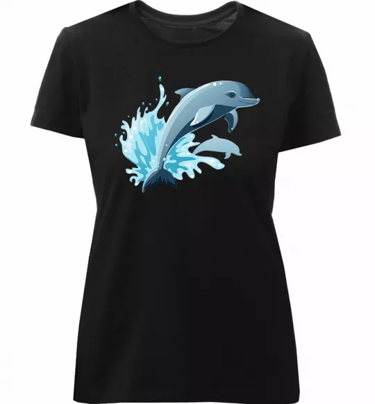Женская премиум футболка Прижок дельфіна Черный фото