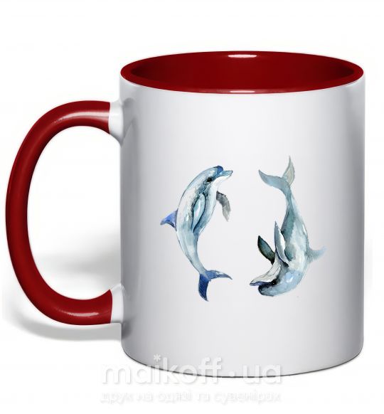 Чашка з кольоровою ручкою Пастельные дельфины Червоний фото