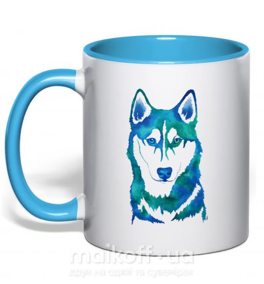Чашка з кольоровою ручкою Зеленый волк Блакитний фото