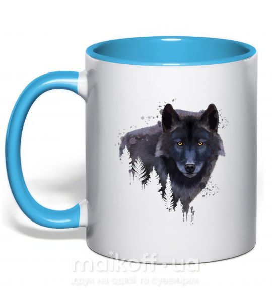 Чашка з кольоровою ручкою Wolf in the wood Блакитний фото