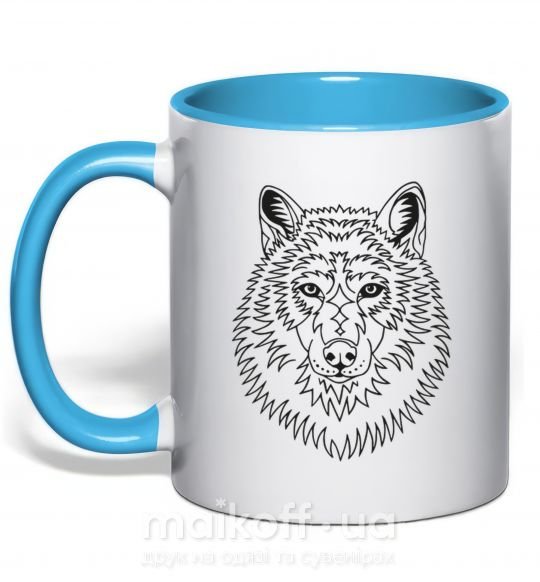 Чашка с цветной ручкой Волк узор Голубой фото