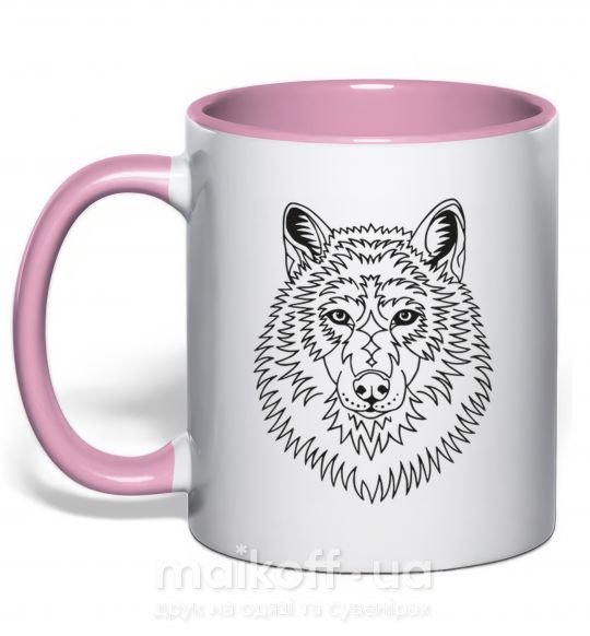 Чашка с цветной ручкой Волк узор Нежно розовый фото