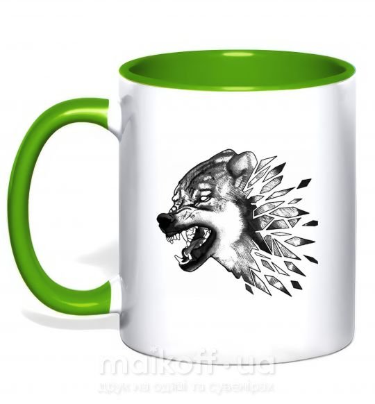 Чашка з кольоровою ручкою Волк рисунок Зелений фото