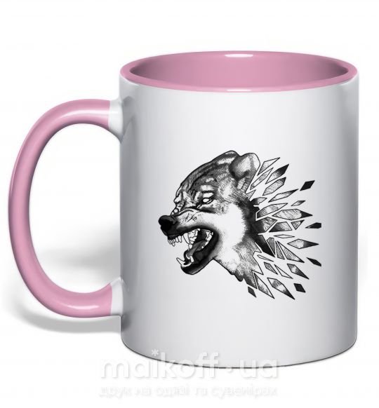 Чашка с цветной ручкой Волк рисунок Нежно розовый фото