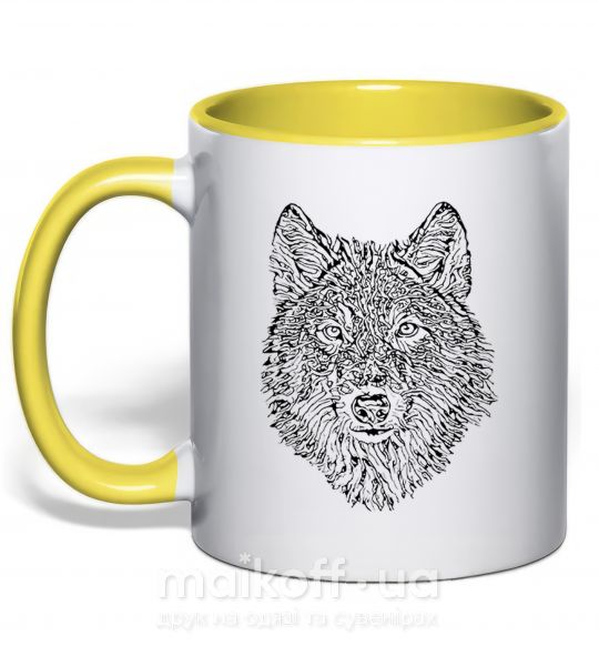 Чашка з кольоровою ручкою Wolf face curves Сонячно жовтий фото