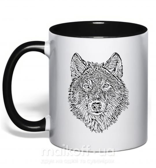 Чашка з кольоровою ручкою Wolf face curves Чорний фото