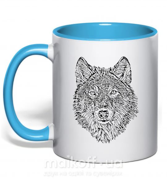 Чашка з кольоровою ручкою Wolf face curves Блакитний фото